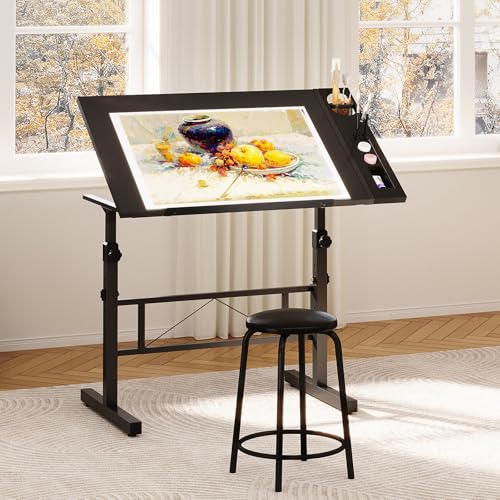 Moziel Mesa de Dibujo con Altura Ajustable, 0-60° Tablero Inclinable, Mesa de Pintura Arquitecto Estudio Dibujo Escritorio para Computadora con Taburete para Oficina Casa (Negro)