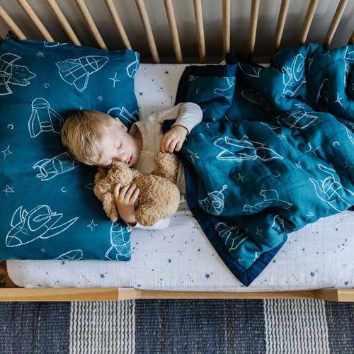Image of Little Unicorn Toddler Bedding 3-Piece Set | Includes Comforter, Crib Sheet & Pillowcase | Soft & Breathable Muslin Fabric | for Convertible Cribs & Toddler Beds (Blast Off)