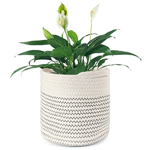 Tenn Well 20cm Pot de Fleurs de avec Doublure, Panier de Rangement tissé en Coton Cache Pot Plante Interieur pour Plantes d'intérieur, Pot de Fleurs et décoration de la Maison (Noir et Blanc)