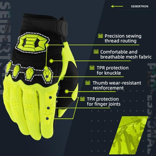 Image of Seibertron Unisex MX ATV MTB Racing Gloves - Full Finger Touchscreen Glove for Bicycle Cycling Mountain Biking Motorcycle and Motocross Fluo Yellow L