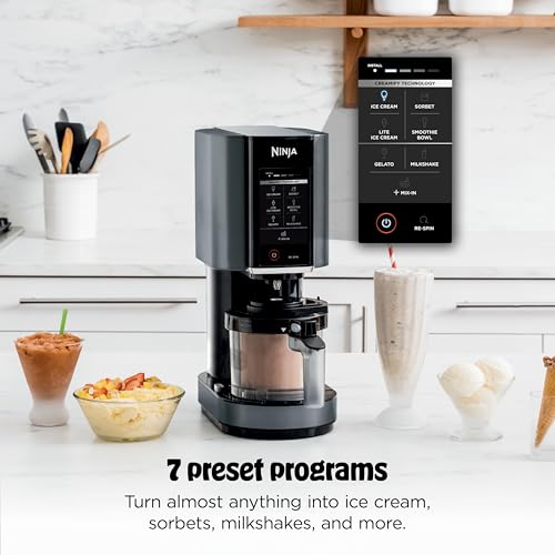 Image of Ninja CREAMi Ice Cream Maker | 7-in-1 - IceCream, Gelato, Sorbet, Milkshakes, Mix-ins, Smoothie Bowls & More | Includes (1) Dishwasher Safe 16 oz. Pint with storage lid | Black | NC299AMZ | 7-in-1 One-Touch Programs for Ice Cream, Gelato, Sorbet, Milkshakes and Bowls, Includes Dishwasher-Safe 16 Oz Pint with Lid