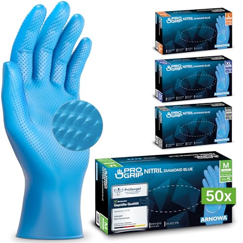 100x PROGRIP Guantes nitrilo talla M Azul [Con doble grosor y textura diamante], Guantes desechables de nitrilo para taller, industria y montaje, Luvas nitrilo descartaveis