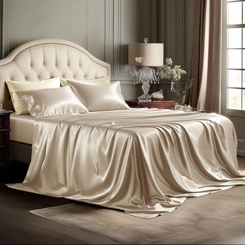 Image of Bedsure Satin Sheets Full Size, Soft Silky Bedsheets for Hair & Skin | Similar to Silk Bed Sheets Set 4 Piece with 15 Inches Deep Pocket Fitted Sheet,1 Flat Sheet, 2 Satin Pillowcases