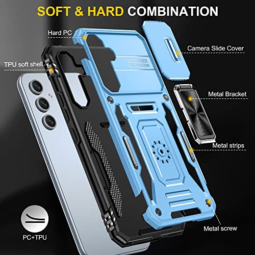 Image of Polycarbonate Slide Camera Cover with Ring Holder Mobile Phone Back Cover for Samsung Galaxy A54 5G (Blue)