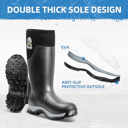 Image of Men's Waterproof Rubber Boots - 6mm Neoprene, 15 inch Shaft, Dual-Sole Anti-Fatigue Rain & Mud Boots for Farm & Wet Work, Fishing, Irrigation - Lightweight Soft Toe