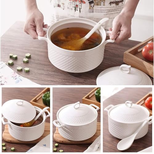 Ceramic White Soup Tureen with Lid Porcelain Serving Tureens for Restaurant Home Kitchen Decoration Ceramic Casserole Dish for Dinner and Party, Microwave and Dishwasher Safe,White,9inch