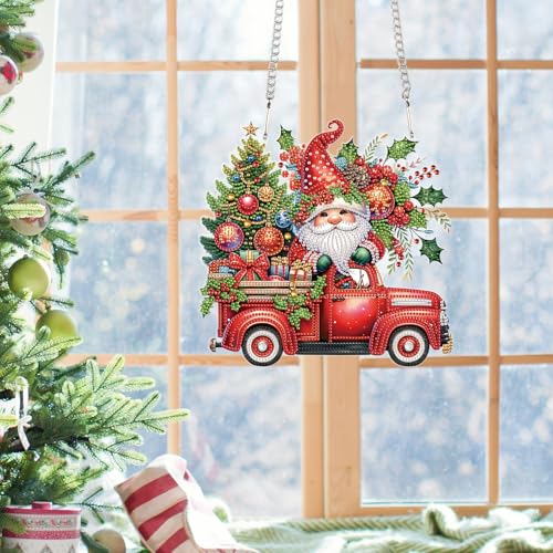 Image of 5D DIY Christmas Diamond Art Pendant Kit, Gnome, Christmas Tree & Car Design, Diamond Painting Hanging Ornament for Adults, Crystal Window & Door Decor, Holiday Gift Wall Home Decoration (24.1x23.4cm)