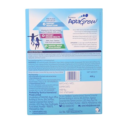 Image of AptaGrow Milk Drink Powder For Kid S Height Gain,Immunity & Brain Development,Nutritious & Tasty Chocolate Flavor,400 G|37 Nutrients|Prebiotics|Low Fat|Veg,1 Count,13 Servings