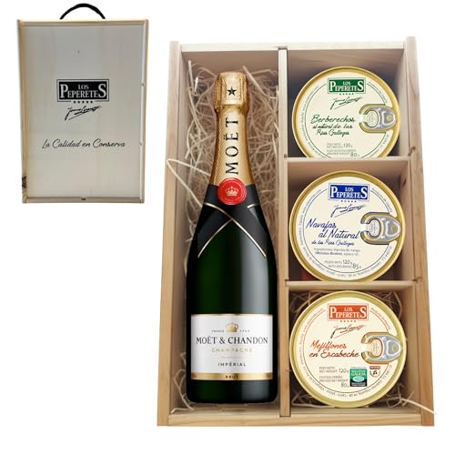 LOS PEPERETES Pack Gourmet Marisco Gallego con Champagne Francés | Berberechos al Natural ×2 · Navajas al Natural ×2 · Mejillones en Escabeche ×2 | Lote Delicatessen