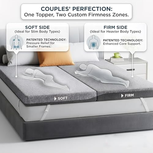 PERLECARE Dual Firmness Mattress Topper Queen, 3 Inch Firm Bed Topper with Split Soft & Firm Zones, Supportive Mattress Pad for Back Pain, Non-Slip & Removable, Made with CertiPUR-US® Certified Foam