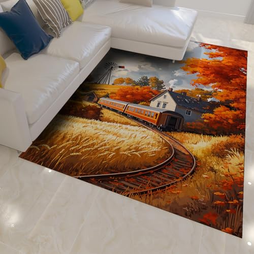 HOBBOY Alfombras de Tiro de Paisaje de Otoño Campo de Trigo Granja Diseño de Vía de Tren Alfombra Delgada Suave para Sala de Estar Dormitorio Cocina 60 x 120 cm