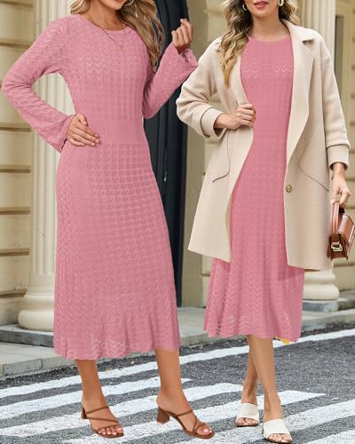 Image of Newshows Women's Hollow Slim Summer Fall Church Work Casual Sweater Dress | Machine Washable Knit Sweater Fabric, Hollow Design, Bell Sleeve, Business Casual, Church Teacher Outfits, Modest Dress