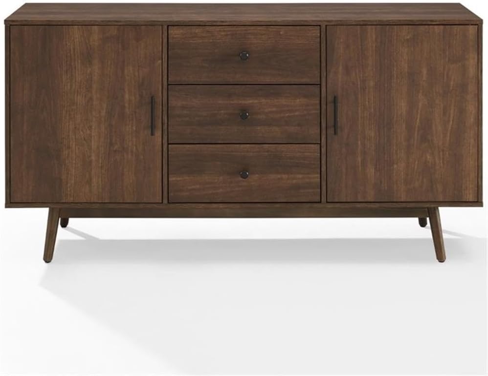 Pemberly Row 3-Drawer Mid-Century Wood Sideboard Buffet Cabinet, 58" W x 15.75" D x 30" H, Brown Finish, Adjustable Shelves, Metal Hardware, Dining Room Storage or Media Console for Modern Farmhouse
