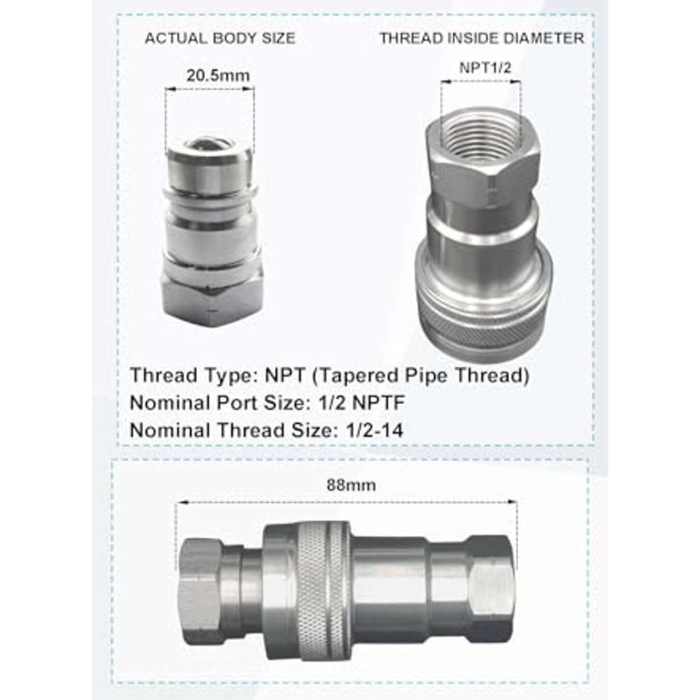 ISO5675 Juego de acopladores hidráulicos de conexión rápida para tractores NPT 1/4 3/8 1/2 pulgadas acero al carbono 4000 PSI presión de trabajo 12 GPM tasa de flujo (NPT3/8)