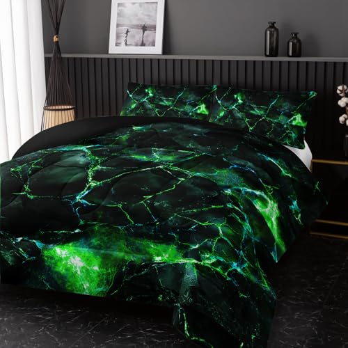 Image of Nttopship Green Comforter Set Twin Size,Green Marble Bedding Set 3 Pcs Bedding for Adults, Marble Room Decor with Comforter and 2 Pillowcases Soft and Lightweight B-Side Black