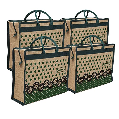 Image of DOUBLE R BAGS Eco Reusable Print Jute Cloth Shopping Bag for Daily Use, Market, Grocery, Fruits, Vegetable Organizer | Lunch Tiffin Carrier (Pack of 4, Green)