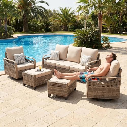 Image of UDPATIO Patio Furniture Set with Rocking Swivel Chairs, Faux Wood Grain Modern Outdoor Sectional Furniture, Rattan Patio Conversation Sets W /Ottoman for Deck, Yard, and Poolside, 8 PC Beige