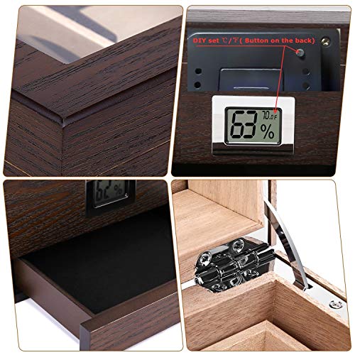 Handmade Cedar Cigar Humidor, Natural Wood Texture Glass Top Cigar Humidor Case for 30-50 Cigars, Digital Hygrometer Humidifier and Accessory Drawer, Desktop Humidors(30-50 Cigars)
