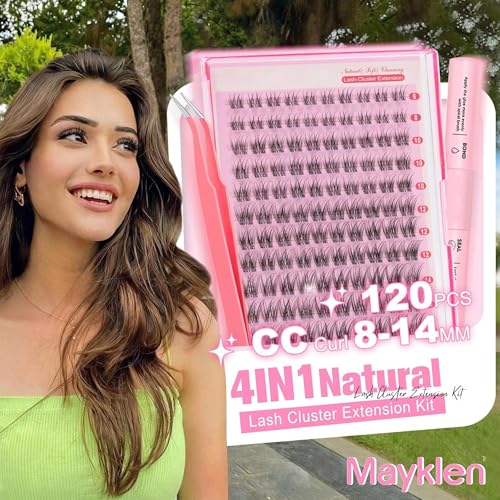 Image of Mayklen 120Pcs Cluster Eye Lashes For Women 8-14MM Size Cluster Eyelashes Extension Kit Lash Clusters With Bond & Seal and Tweezers For False Eyelashes Curly