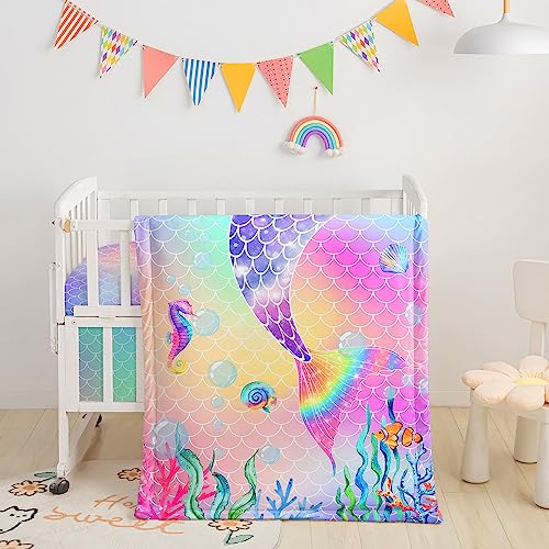 Image of Crib Bedding Set - 3pc Nursery Set with Comforter, Crib Sheet & Skirt, Mermaid Scales Printed Bedding for Baby Boys & Girls