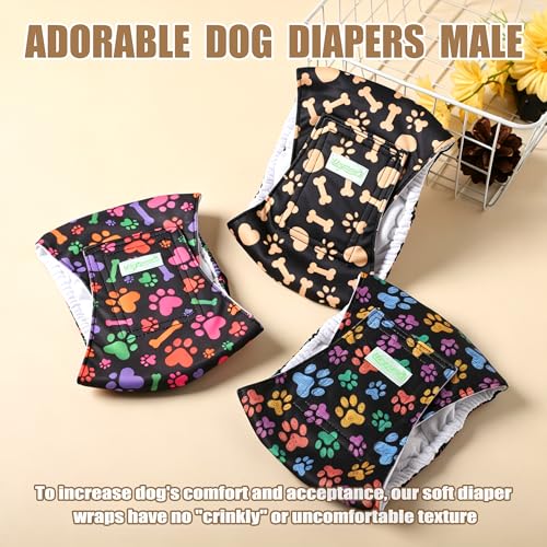 Image of Wegreeco Washable Male Dog Diapers (Pack of 3) - Washable Male Dog Belly Wrap (Colorful Footprints, X-Small)