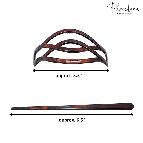 Miniatura 6 de Parcelona French Twist Tortoise Shell Brown Chignon Cola de caballo titular de pelo deslizante Pin Thru Hair Barrette con palo para mujeres y niñas