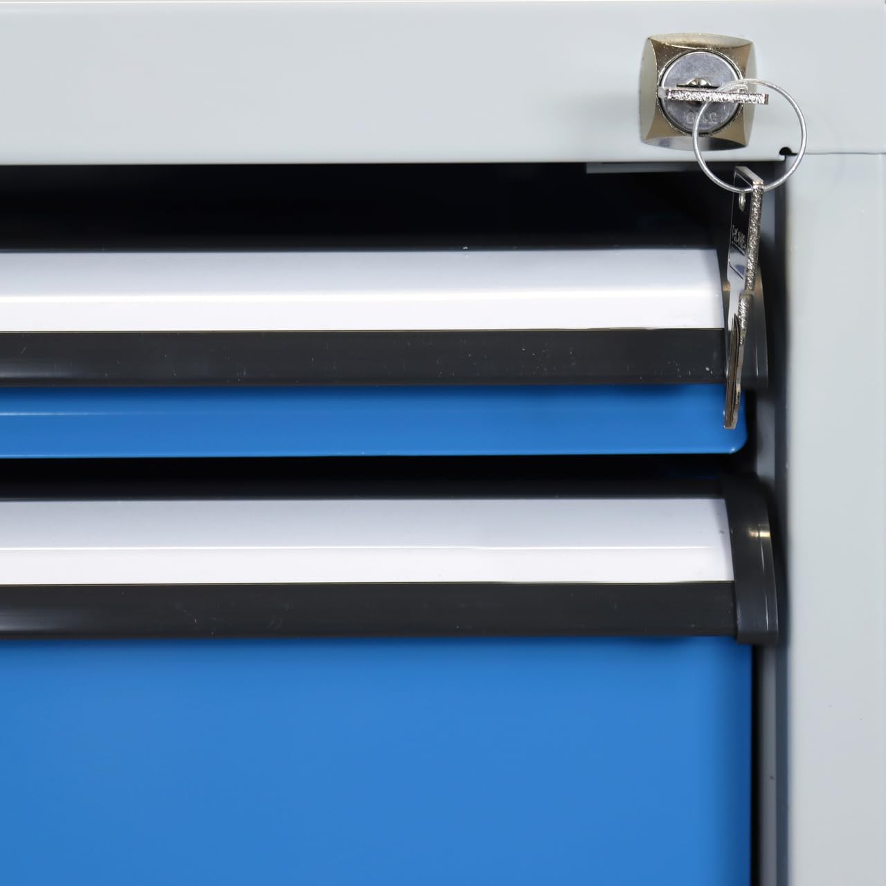 Steinbock Werkbank mit 3 Schubladen | 500 kg Tragkraft | HxBxT 85 x 200 x 75 cm | Lichtblau | 5 cm Starke geölte Massivholz-Arbeitsplatte | stabiles Stahlgestell | Made in EU | Werktisch