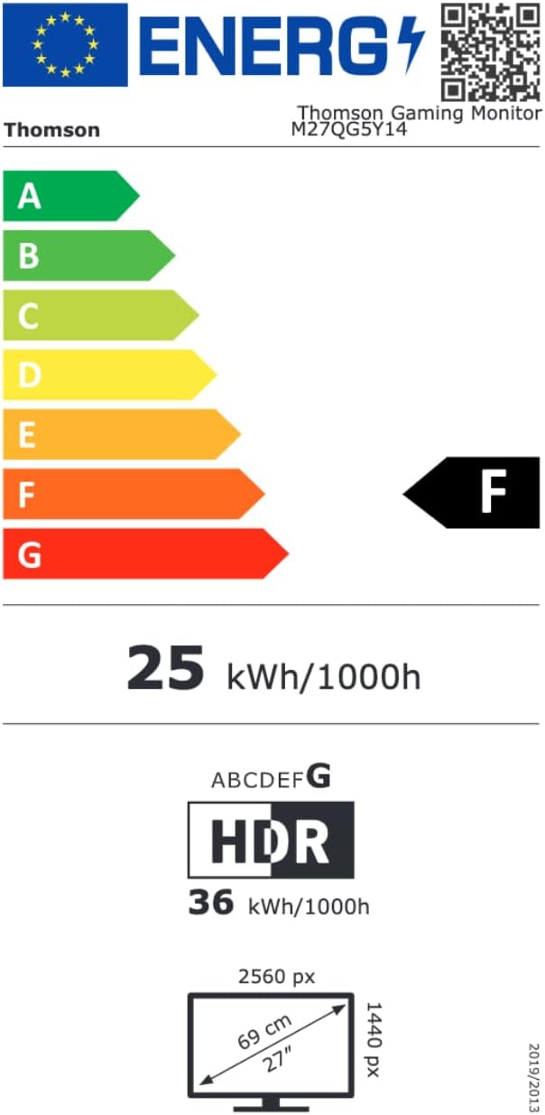EU Energy Label for Thomson M27QG5Y14 monitor, showing F rating and 25 kWh/1000h consumption