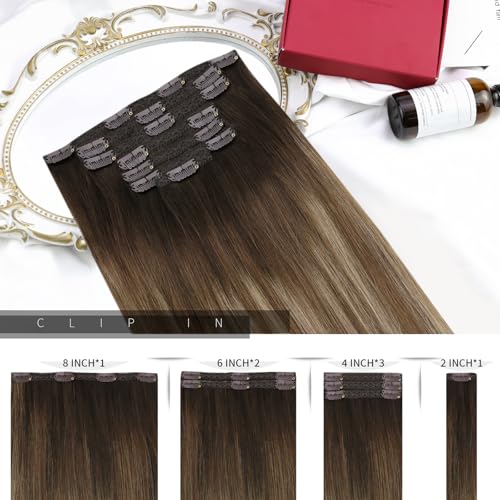 Moresoo Clip in Hair Extensions Real Human Hair Balayage Hair Extensions Clip in Dark Brown to Light Brown with Dark Honey Blonde 14 inch 5 Pcs/80G #4/10/16 - Image 4