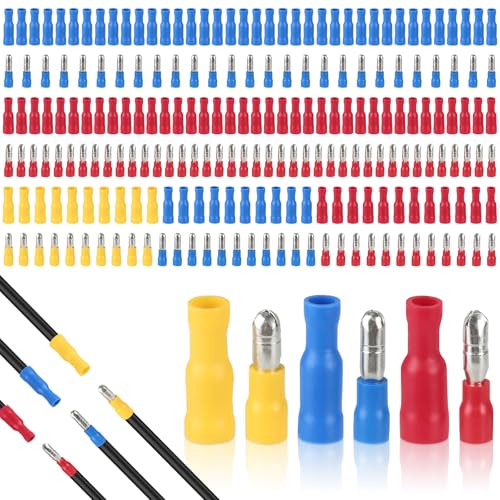 Contenuto della confezione: riceverete 210 spine rotonde. Include 50 connettori rotondi AWG 22-16 (rosso), 50 connettori a crimpare AWG 22-16 (rosso), 50 connettori circolari AWG 16-14 (blu), 50 connettori a crimpare AWG 16-14 (blu), 10 connettori rotondi AWG 12-10 (giallo), 10 connettori a compressione AWG 12-10. (giallo)