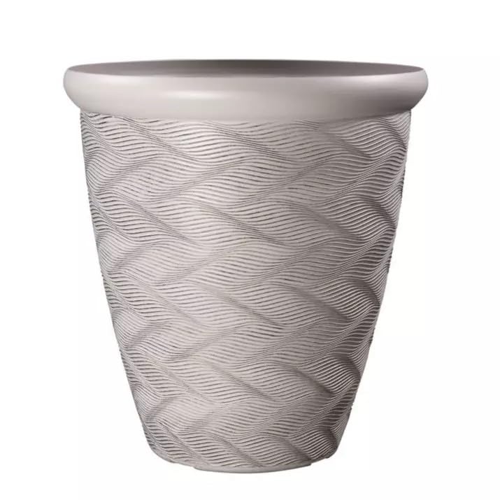 Round Grey Plant Pot 33cm,13inch Patterned Rim 14L Tall Woven Garden Indoor Outdoor Planter Cover Drainage Holes, Weather, Frost Proof, Gloss Finish (1)