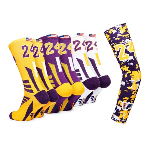 Forever Fanatics Basketball Socks For Men & Boys Crew Socks With Basketball Arm Sleeve - Made in USA (Set 24 Yellow/Purple 11-18 Years)