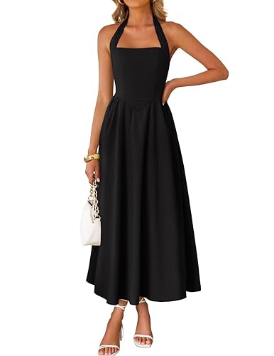 ZESICA Women's Summer Sleeveless Halter Midi Dress 2025 Off Shoulder High Waist Swing Flowy Beach Long Dresses - Black - Large