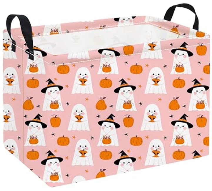 Rectangular Halloween Basket Storage Basket Waterproof Storage Bin for Bedroom Collapsible Bin Books Box Room Decor(Pink Ghost)