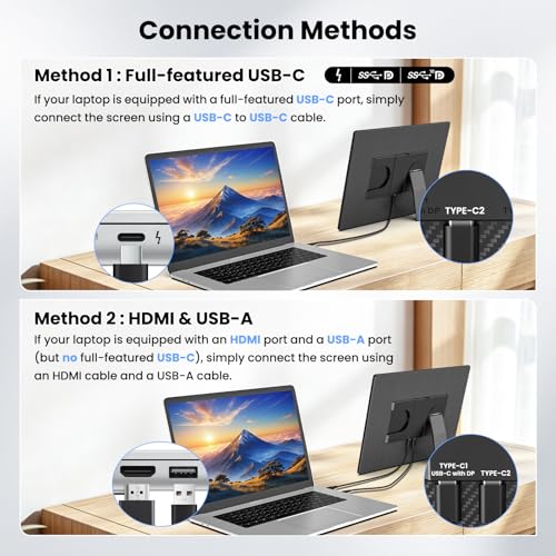 Image of 16.1 inch Portable Monitor for Laptop - 1200P FHD, Ultra-Thin Laptop Screen Extender Horizontal Vertical with 360 Rotating Detachable Stand, Plug & Play, Dual Travel Monitor for Laptop Wins Mac Chrome