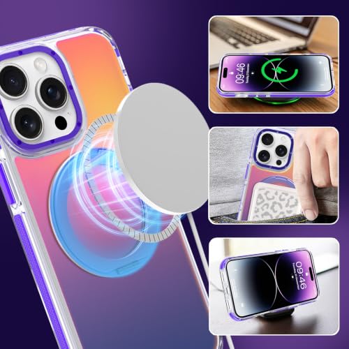 Image of Magnetic for iPhone 14 Pro Max Case with 360 Stand [Compatible with Magsafe] [Fluorescent Design] [1 Screen Protector] Slim Translucent Matte Case for iPhone 14 Pro Max 6.7 inch, Purple