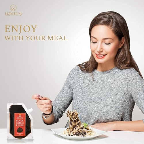 Image of Homtiem Black Garlic, Whole & Peeled, Fermented for 90 Days, Ready to Eat, Non-GMO, No Additives (5.25 Ounce (Pack of 6), Puree)