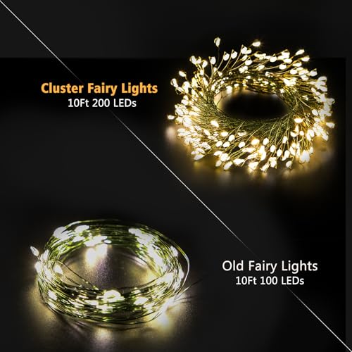 Image of 2 Pack Battery Christmas Fairy Lights, Total 20Ft 400 LED String Lights | Dark Green Copper Wire Cluster String Light Waterproof with Timer 8 Modes for Xmas Tree Garland Decor (Warm White)