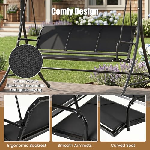 Image of Tangkula 3 Person Porch Swing, Patio Swing with Adjustable Canopy, Heavy-Duty Frame, Breathable Fabric, Outdoor Swing for Porch, Garden, Backyard, Poolside, 800 LBS Max Load