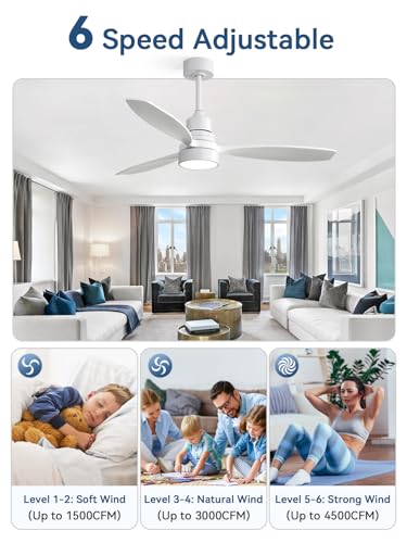 Image of Sofucor White Ceiling Fan with Lights and Remote, 52 Inch Modern Wood DC Motor Ceiling Fan with Downrods, for Farmhouse Bedroom Living Room Dining Room Patio Porch, Reversible, 3 Blades