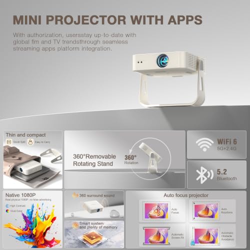Image of [Officially-Licensed App & Auto Focus]White Smart Mini Projector with WiFi and Bluetooth, XuanPad 4K Support Movie Projector, Portable Native 1080P Outdoor Projector with 360 Stand