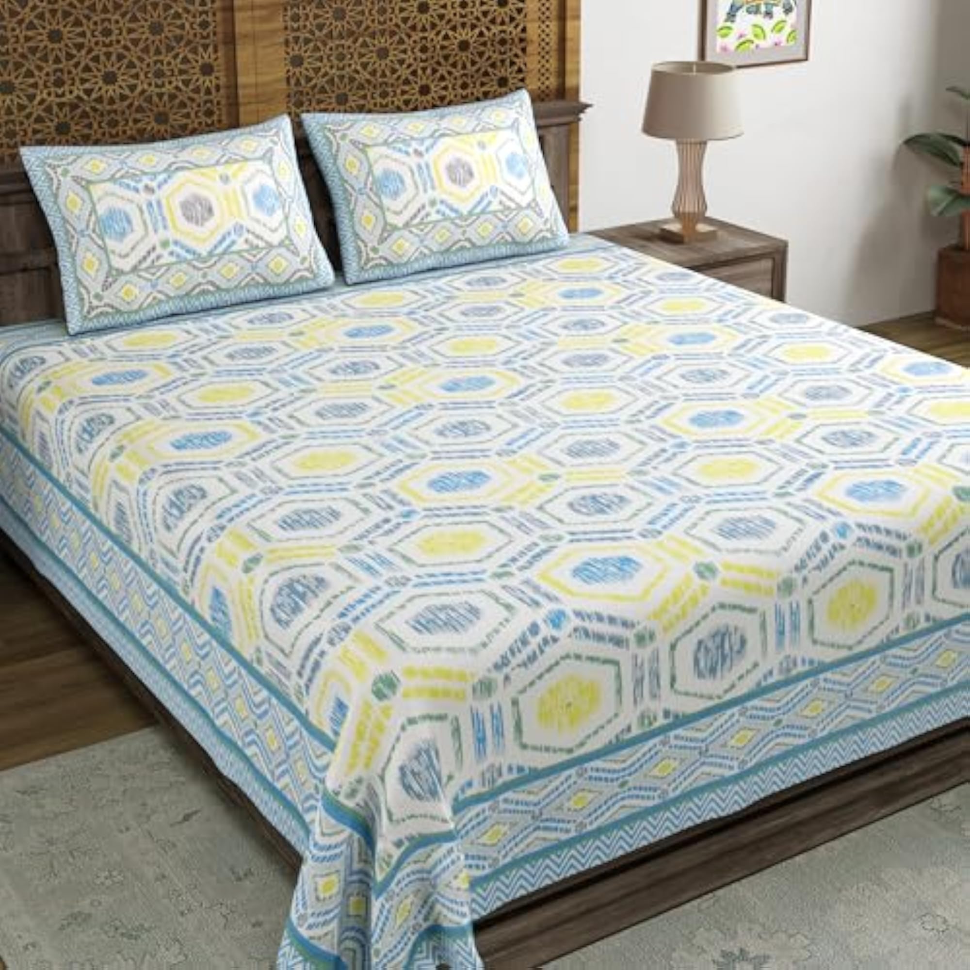 Hand Block Print Cotton King Size Double Bedsheet, Grey Ikat