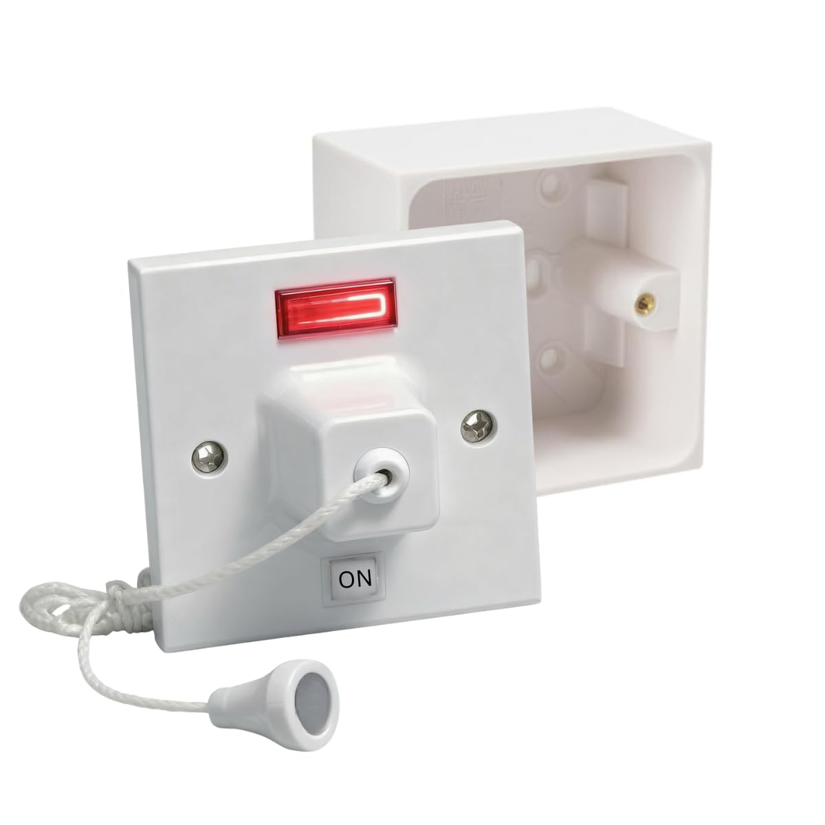 AXIOM 45A 2 Way Shower Ceiling Pull Cord Switch with Mechanical & Neon Indicator & 35mm/45mm Mounted Surface Pattress Back Box (With 45mm Pattress Box)