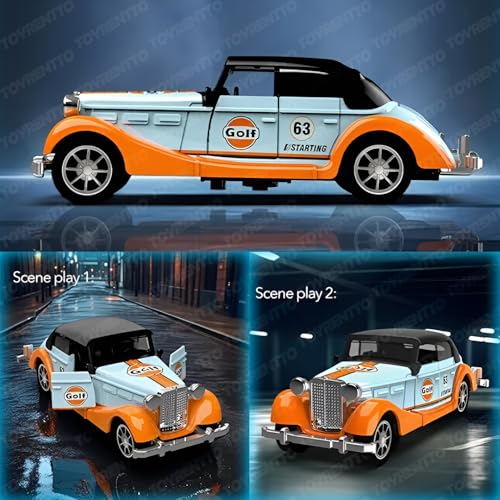 Image of 1:36 Scale Vintage Die-Cast Classic Car Model Toy | Pull Back Sports Car Toy with Openable Doors | Premium Alloy Vehicle Toy for Kids & Collectors | Blue-Orange Racing Edition