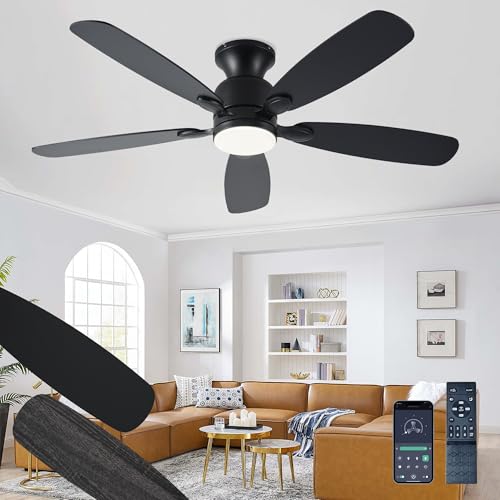 NKPU 52inch Black Ceiling Fans with Lights, Low Profile Ceiling Fan with Light and Remote/APP Control, Reversible DC Motor, Noiseless, Dimmable, Flush Mount Ceiling Fan for Bedroom Living Room Patios