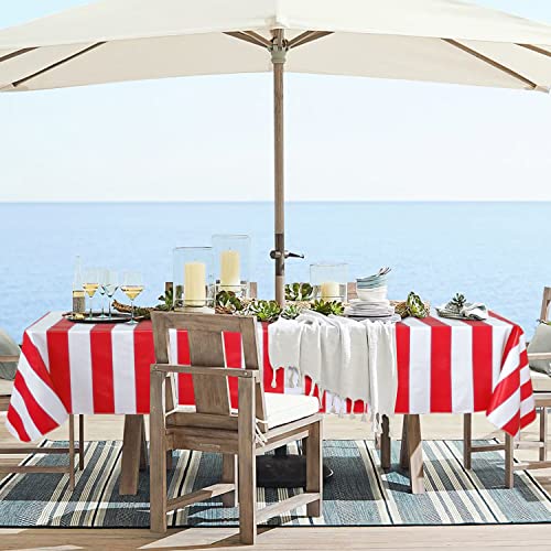 Lushvida 100% Pvc Outdoor Tablecloth With Umbrella Hole, Waterproof & Stain Resistant Vinyl Table Cloth For Spring Summer Patio Garden Tabletop Decor, Red/White Stripe, Rectangular 60X102 Inch #TOP7