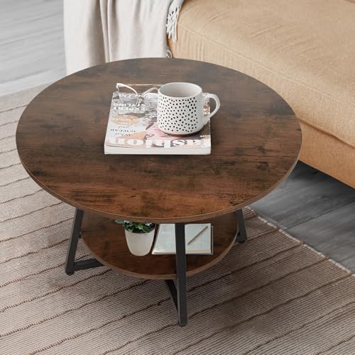 Image of Round Coffee Table, 2-Tier Circle Coffee Table with Storage, Modern Wood Round Center Table, for Living Room, Small Space, Home Office, Easy Assembly, Rustic Brown