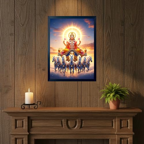 Image of ARTFUL TOY BOX - Surya Dev with Seven (7) Horses Photo Frame Wall Hanging | Divine Solar Chariot Design | Spiritual Surya Dev Painting | Premium Black Fiber Frame | Glossy Finish | Devotional Home Decor - 12x18 Inch (30x45 cm) (Design 1)