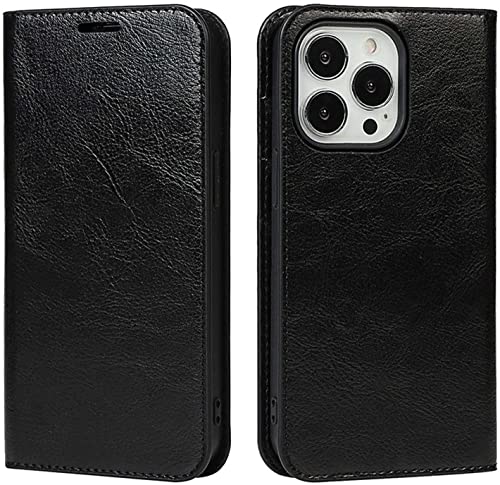 Coque à clapet iPhone 13 Pro noir en cuir avec fente carte
