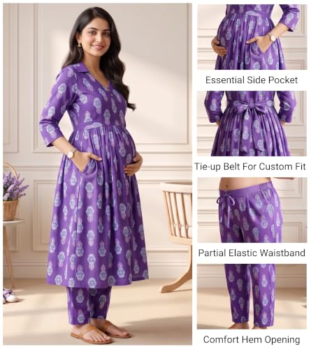 Image of DUMMY SHAPE Maternity Dresses for Women Cotton | Floral Kurta Pant Dupatta Set with Nursing Zippers, Side Pocket | Pre & Post Pregnancy | Feeding Kurti Suit | Baby Shower | Gifts for Pregnant Woman